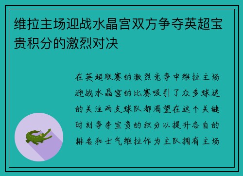 维拉主场迎战水晶宫双方争夺英超宝贵积分的激烈对决